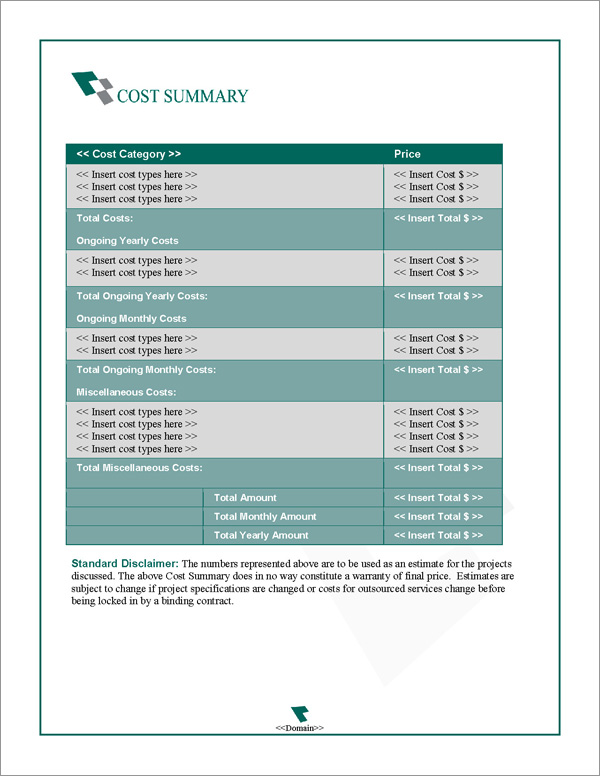 Proposal Pack Business #16 Cost Summary Page