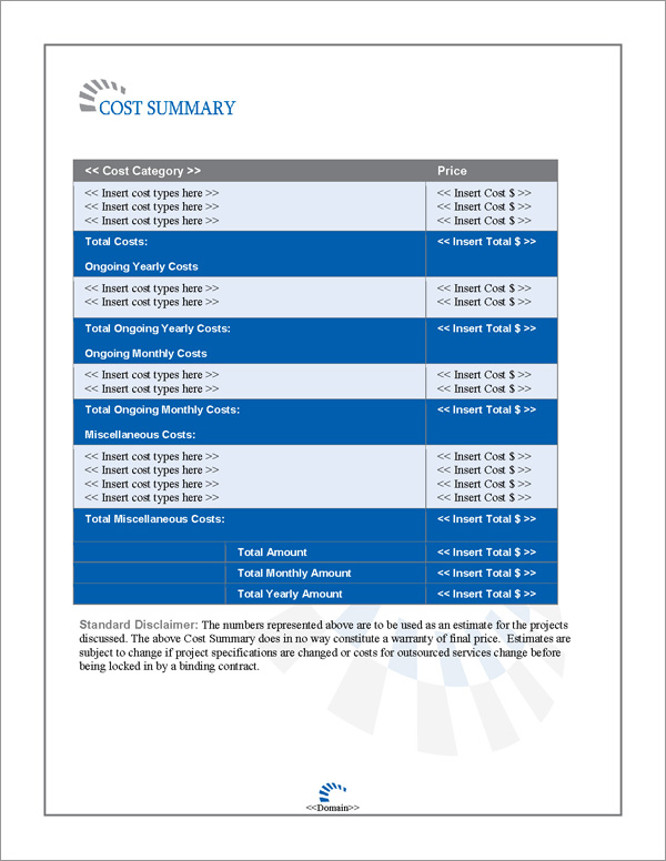 Proposal Pack Contemporary #13 Cost Summary Page