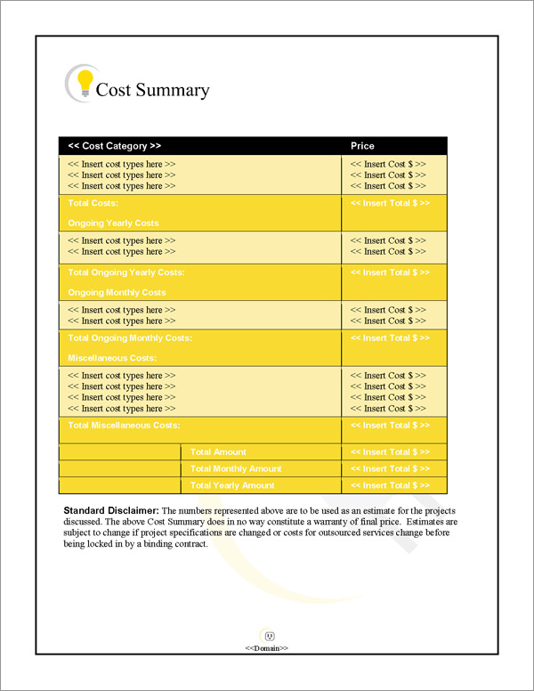 Proposal Pack Electrical #1 Cost Summary Page