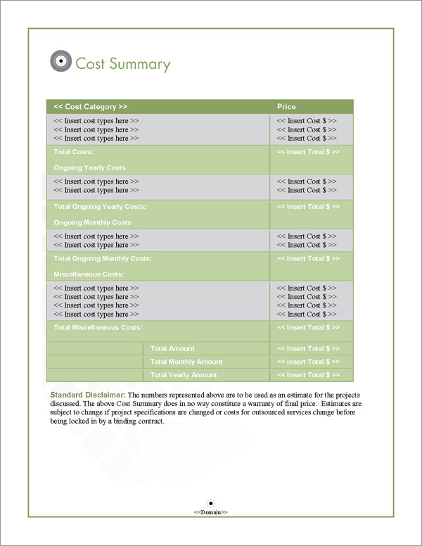 Proposal Pack Transportation #1 Cost Summary Page