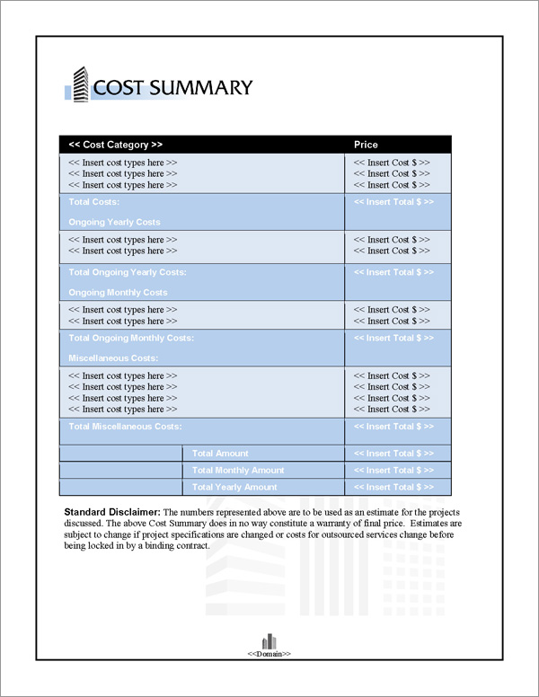 Proposal Pack Skyline #2 Cost Summary Page