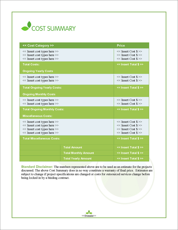 Proposal Pack Agriculture #1 Cost Summary Page