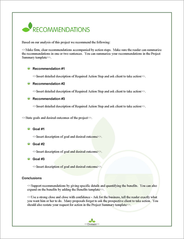 Proposal Pack Agriculture #1 Recommendations Page