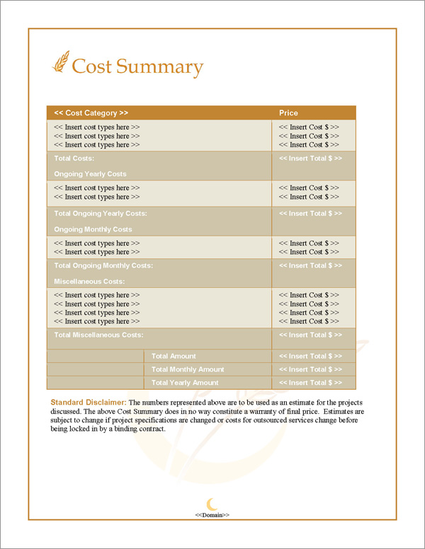 Proposal Pack Agriculture #2 Cost Summary Page