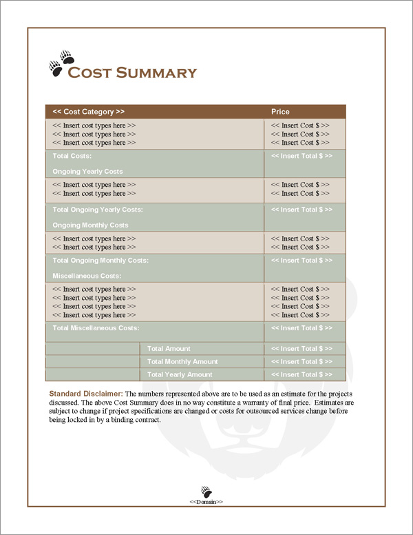 Proposal Pack Animals #3 Cost Summary Page