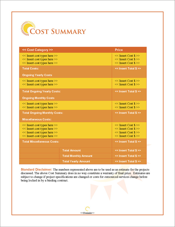 Proposal Pack Outdoors #2 Cost Summary Page