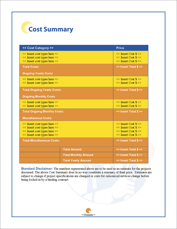 Proposal Pack Industrial #2 Cost Summary Page