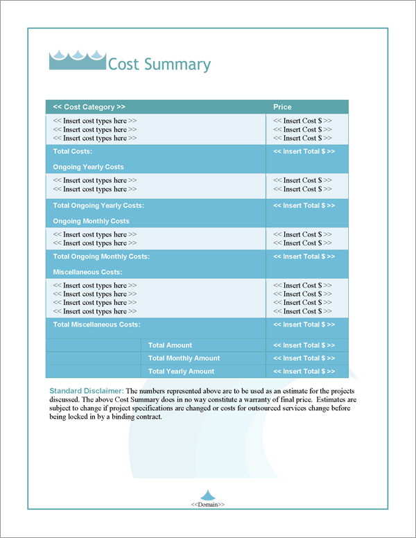 Proposal Pack Aqua #4 Cost Summary Page