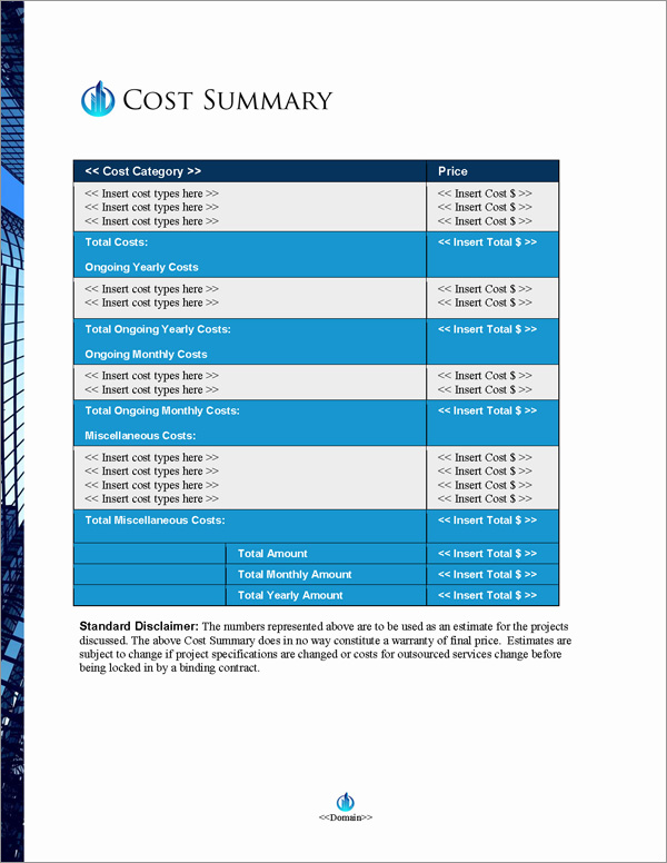 Proposal Pack Skyline #4 Cost Summary Page