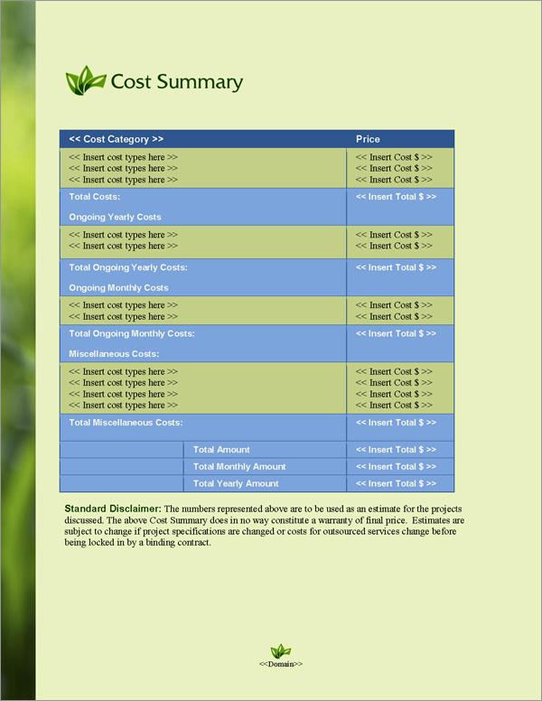 Proposal Pack Environmental #4 Cost Summary Page