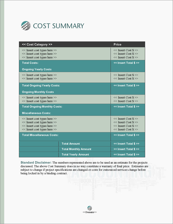 Proposal Pack Accounting #1 Cost Summary Page