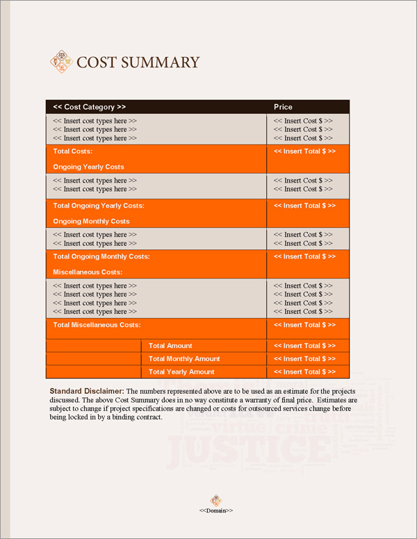Proposal Pack Justice #2 Cost Summary Page