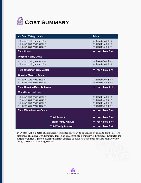 Proposal Pack Security #10 Cost Summary Page