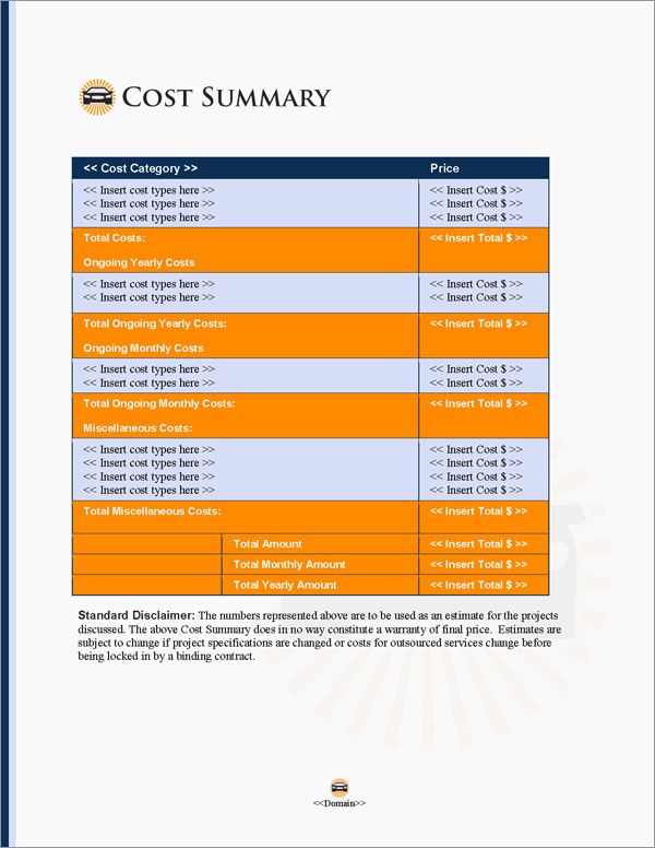 Proposal Pack Transportation #6 Cost Summary Page