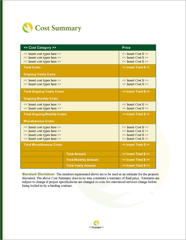 Proposal Pack Agriculture #4 Cost Summary Page