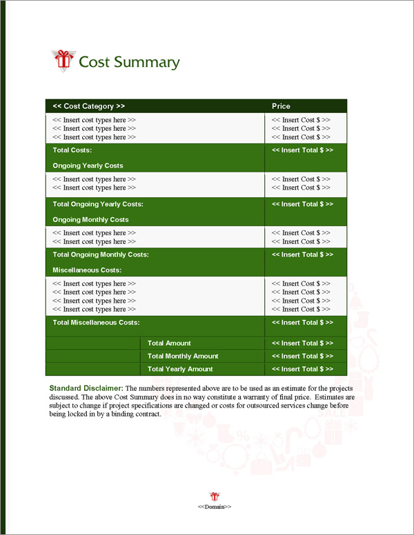 Proposal Pack Seasonal #3 Cost Summary Page