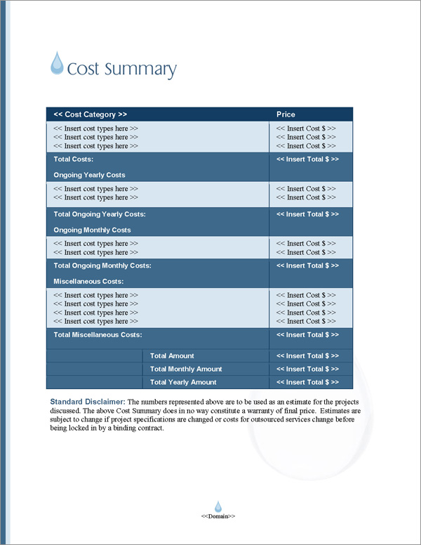 Proposal Pack Aqua #5 Cost Summary Page