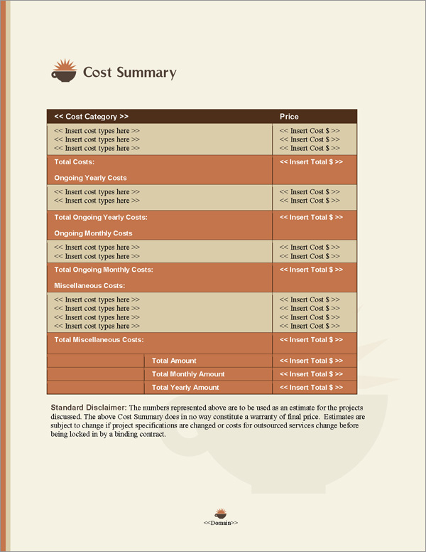 Proposal Pack Food #4 Cost Summary Page