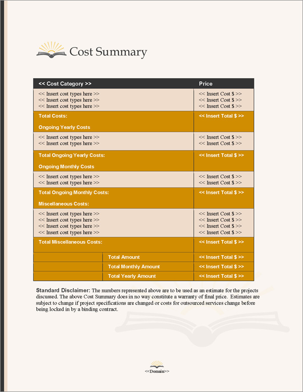 Proposal Pack Books #3 Cost Summary Page