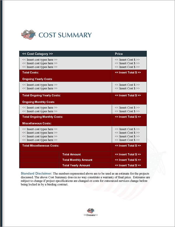 Proposal Pack Military #5 Cost Summary Page