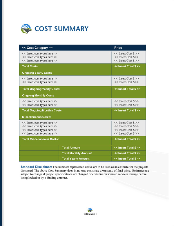 Proposal Pack Infrastructure #1 Cost Summary Page