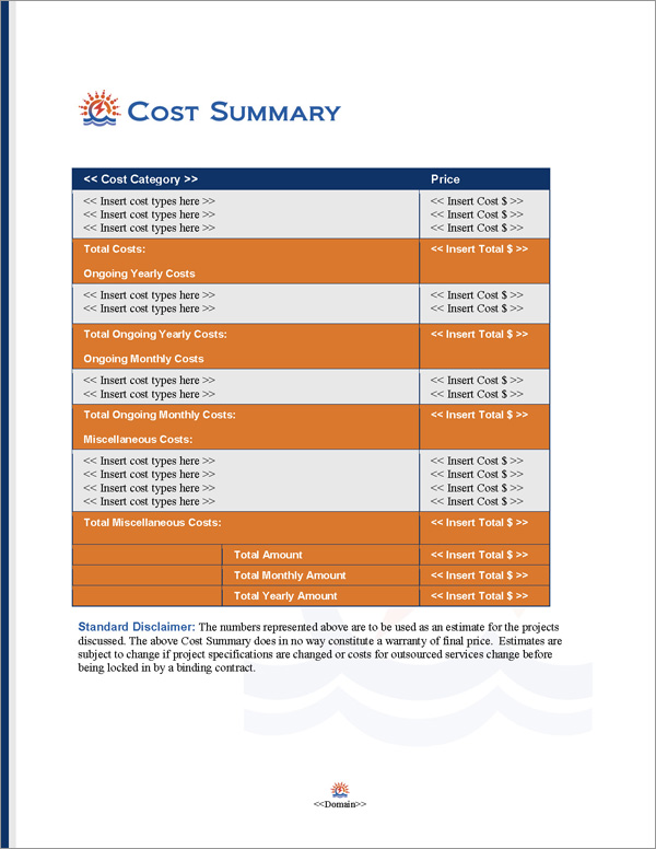 Proposal Pack Infrastructure #2 Cost Summary Page