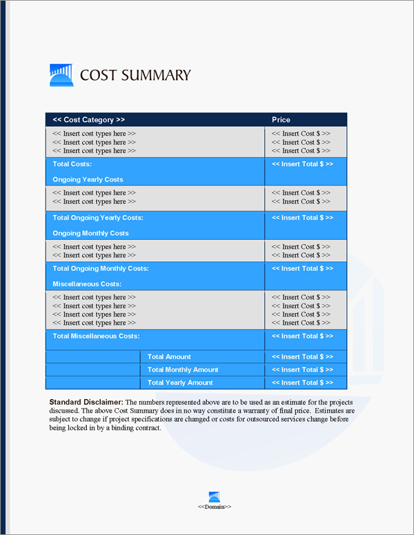 Proposal Pack Infrastructure #3 Cost Summary Page