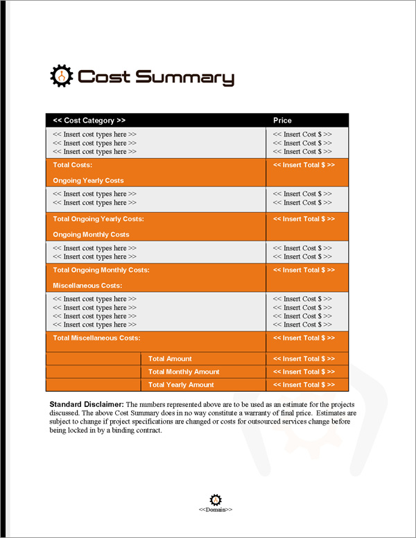 Proposal Pack Robotics #2 Cost Summary Page