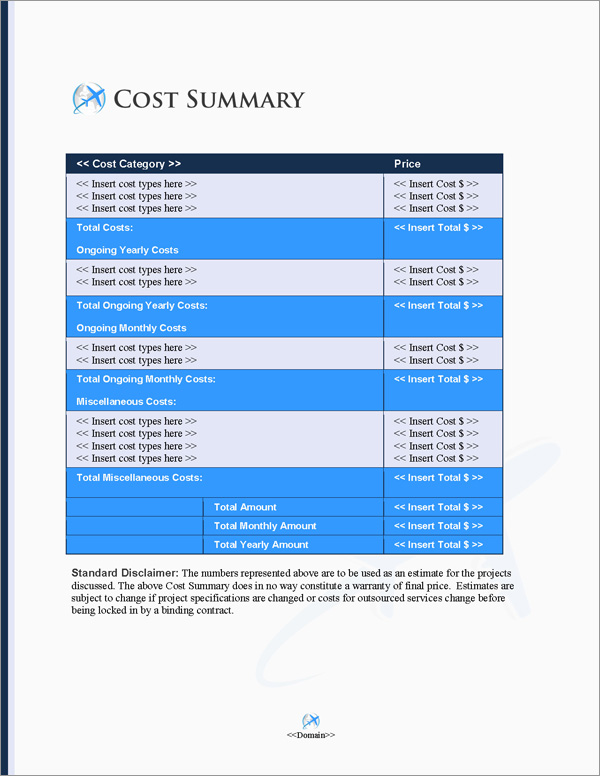 Proposal Pack Transportation #8 Cost Summary Page