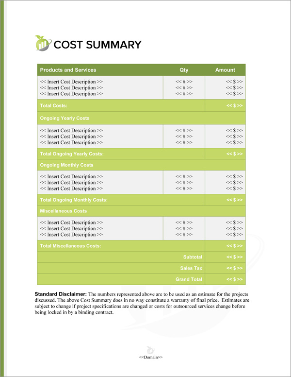 Proposal Pack Accounting #2 Cost Summary Page