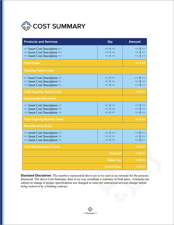Proposal Pack Aerospace #3 Cost Summary Page