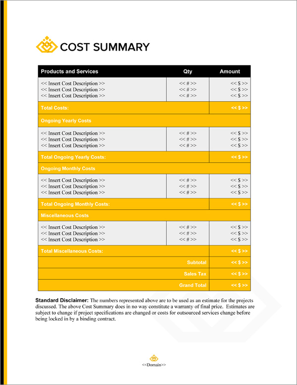 Proposal Pack Business #20 Cost Summary Page