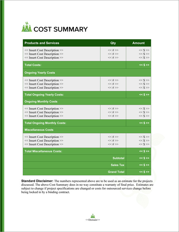 Proposal Pack Energy #11 Cost Summary Page