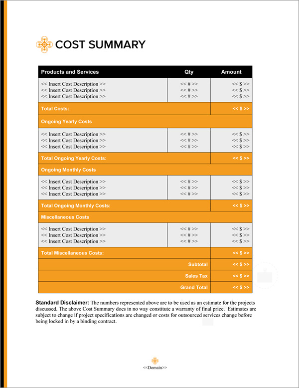 Proposal Pack Tech #9 Cost Summary Page
