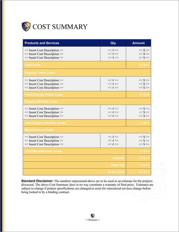 Proposal Pack Insurance #1 Cost Summary Page
