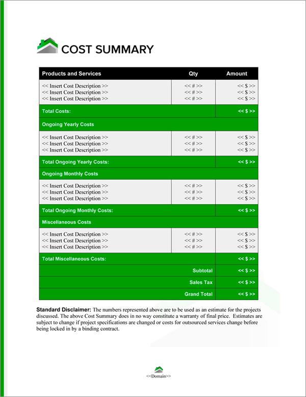 Proposal Pack Real Estate #6 Cost Summary Page