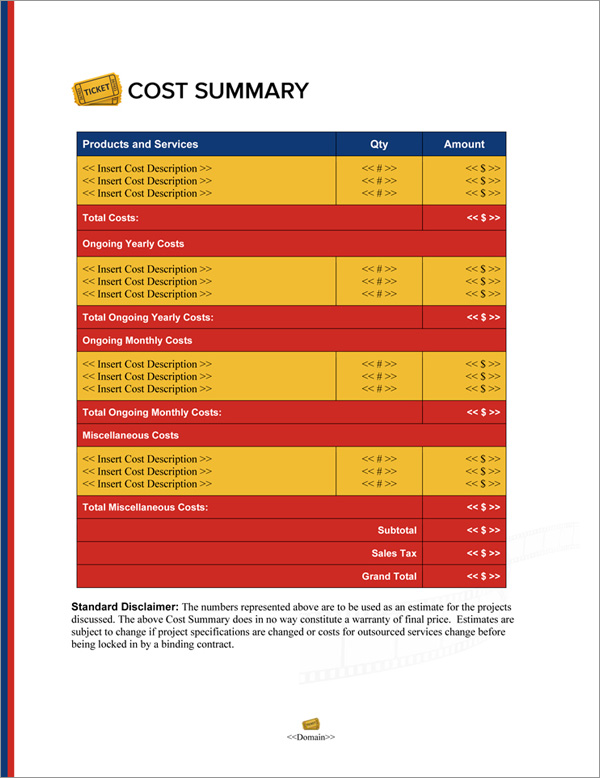 Proposal Pack Entertainment #8 Cost Summary Page