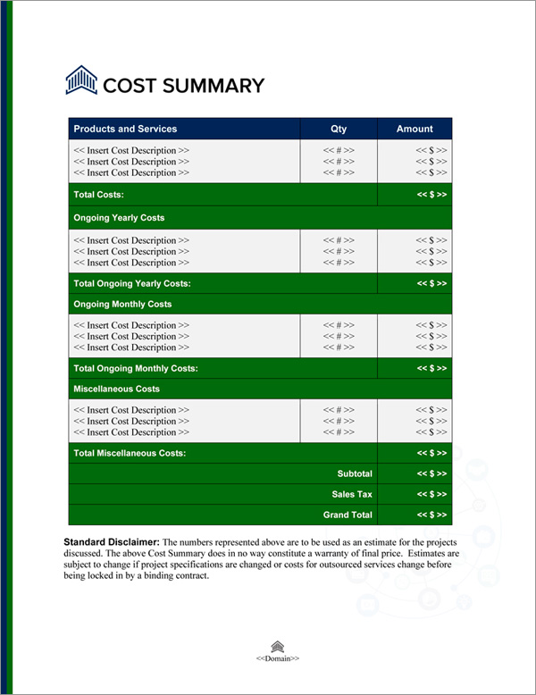 Proposal Pack Financial #5 Cost Summary Page