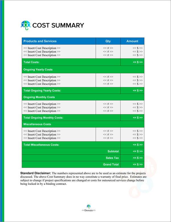 Proposal Pack Insurance #2 Cost Summary Page