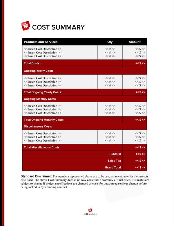 Proposal Pack Medical #8 Cost Summary Page