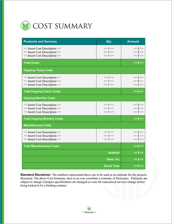 Proposal Pack Healthcare #7 Cost Summary Page
