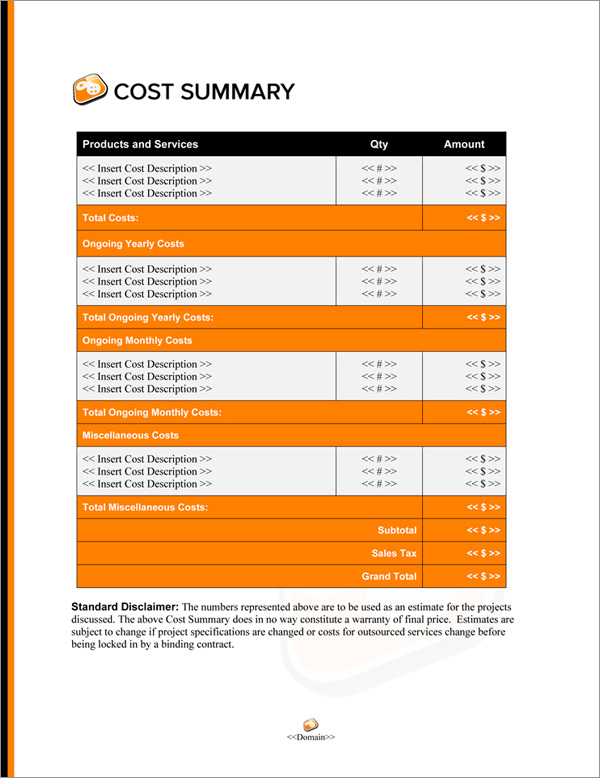 Proposal Pack Computers #7 Cost Summary Page