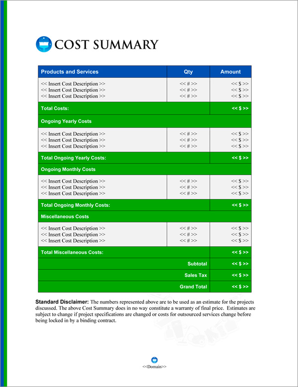 Proposal Pack Janitorial #4 Cost Summary Page