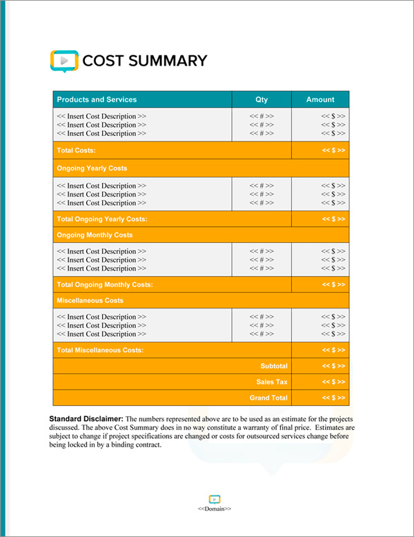 Proposal Pack Multimedia #6 Cost Summary Page