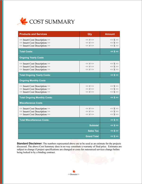 Proposal Pack Nature #8 Cost Summary Page