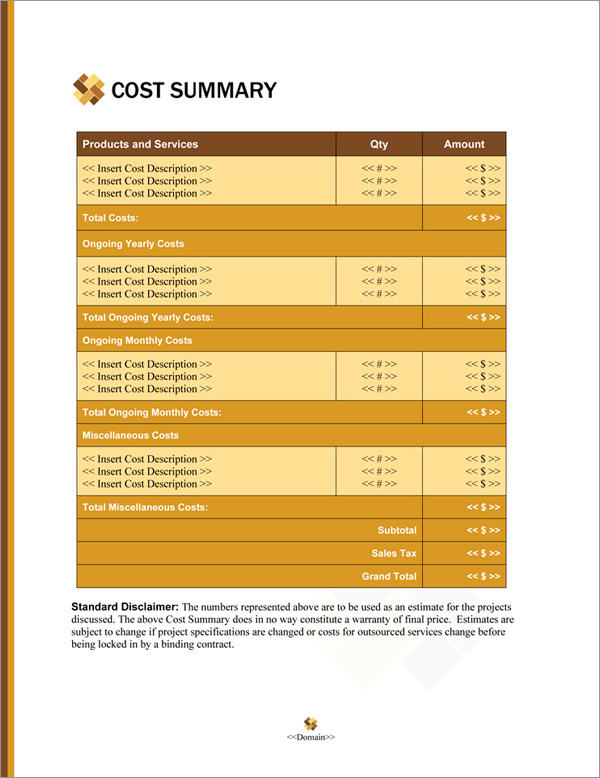 Proposal Pack Contemporary #20 Cost Summary Page