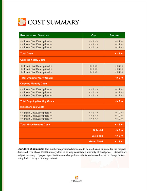Proposal Pack Seasonal #4 Cost Summary Page