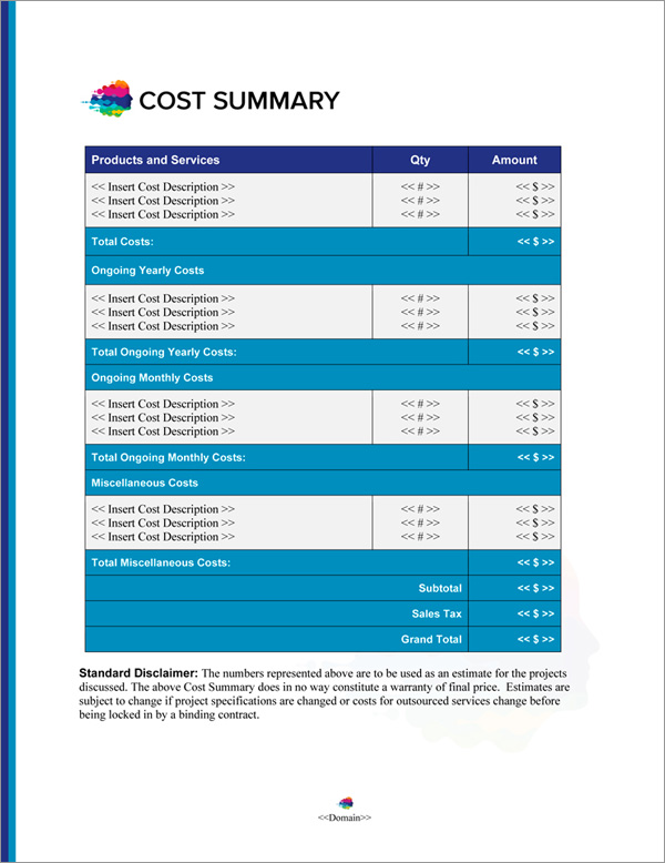 Proposal Pack Contemporary #21 Cost Summary Page