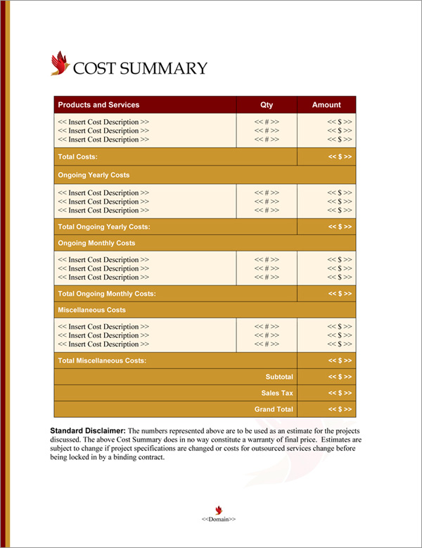 Proposal Pack Spiritual #4 Cost Summary Page
