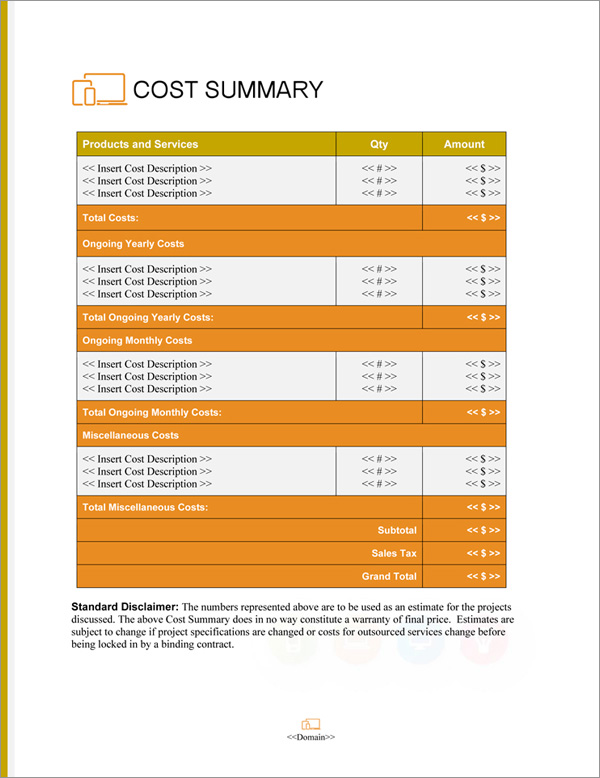Proposal Pack Web #5 Cost Summary Page